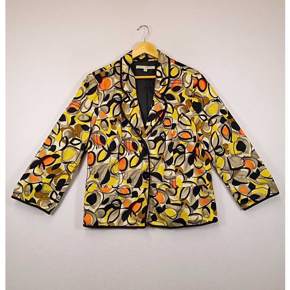 Mod Abstract Maggy London Womens 14 Yellow Orange Floral Piping Blazer Jacket